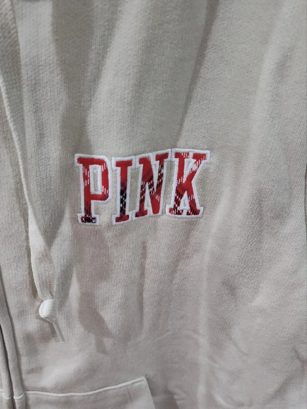 PINK Victoria's Secret Beige Zip-Up Hoodie with Red Logo - Picture 3 of 7